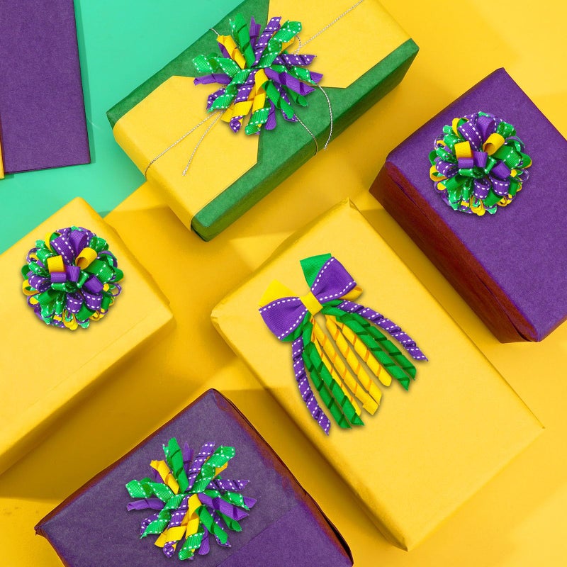 JUNEBRUSHS Mardi Gras Hair Bows Clips for Girls, Curly Bows with Alligator Clips, Purple Yellow Green Ribbon Hair Clip, Mardi Gras Accessories Favor Gifts for Girls - Image 3