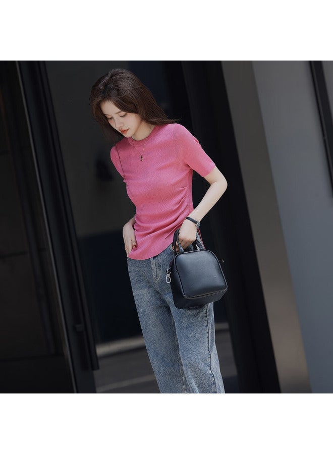 Mt [versatile Round Neck] Summer Fashion Distinctive Pleated Solid Color Short-sleeve Knitted T-shirt For Wome - Image 1