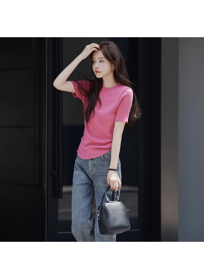 Mt [versatile Round Neck] Summer Fashion Distinctive Pleated Solid Color Short-sleeve Knitted T-shirt For Wome - Image 5