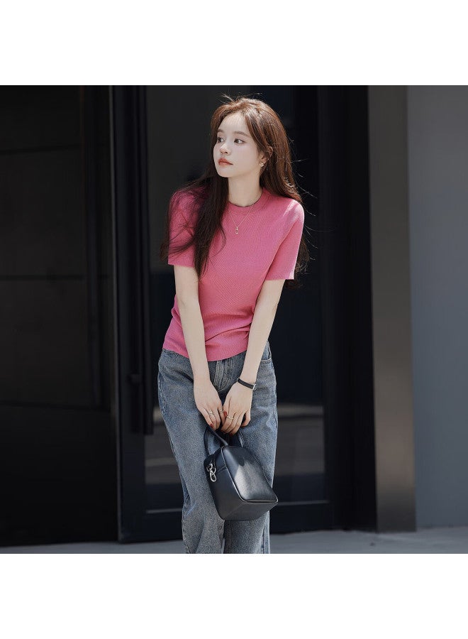 Mt [versatile Round Neck] Summer Fashion Distinctive Pleated Solid Color Short-sleeve Knitted T-shirt For Wome - Image 4