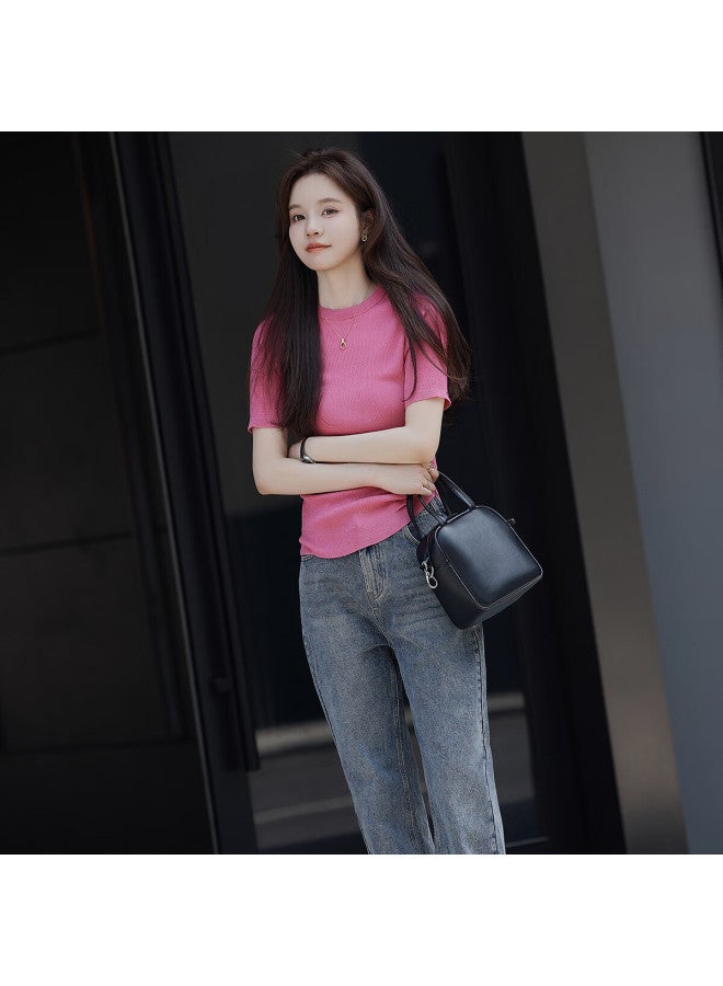 Mt [versatile Round Neck] Summer Fashion Distinctive Pleated Solid Color Short-sleeve Knitted T-shirt For Wome - Image 3