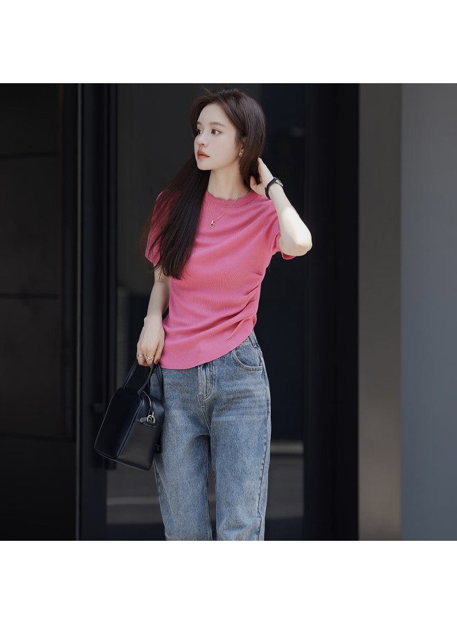 Mt [versatile Round Neck] Summer Fashion Distinctive Pleated Solid Color Short-sleeve Knitted T-shirt For Wome - Image 2
