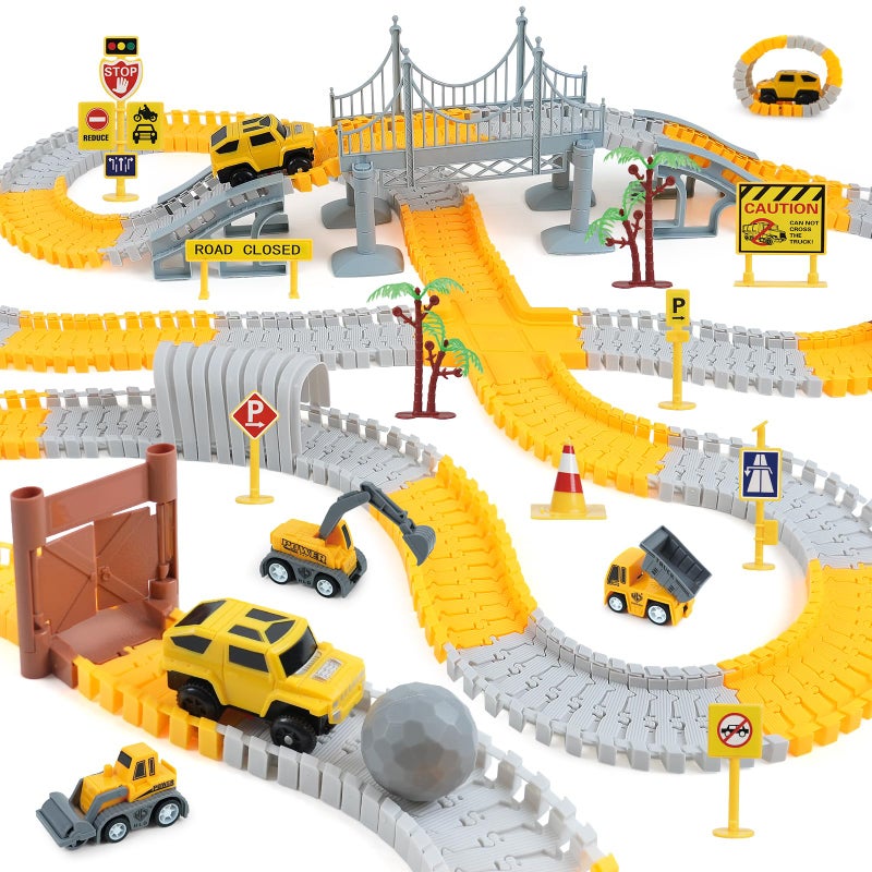 BEMITON Construction Race Track Toys for Kids Birthday Gift for 3 4 5 6 7 Year Old Boys 330 PCS Track Playset with Electric Cars and Construction Trucks DIY Engineering Road Building Sets - Image 3