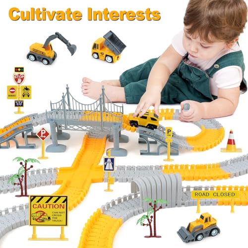 BEMITON Construction Race Track Toys for Kids Birthday Gift for 3 4 5 6 7 Year Old Boys 330 PCS Track Playset with Electric Cars and Construction Trucks DIY Engineering Road Building Sets - Image 5