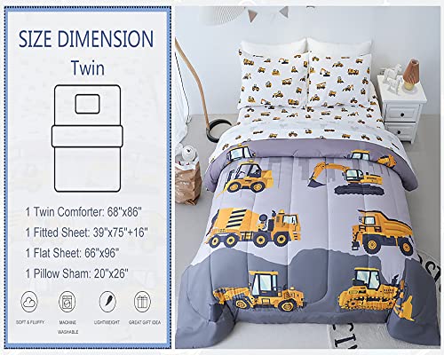 Cokouchyi Twin Size Comforter Set for Boys, 4-Piece Bed in a Bag, 3D Construction Bedding Comforter Sheet Set, Ultra Soft and Fluffy, Cartoon Truck Cars - Image 5