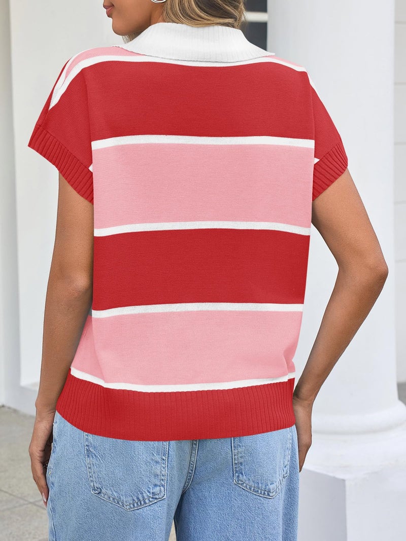Saodimallsu Womens Striped Short Sleeve Sweater V Neck Polo Collared Top Color Block Knit Pullover Loose Fit 2025 - Image 5