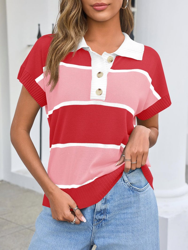 Saodimallsu Womens Striped Short Sleeve Sweater V Neck Polo Collared Top Color Block Knit Pullover Loose Fit 2025 - Image 4