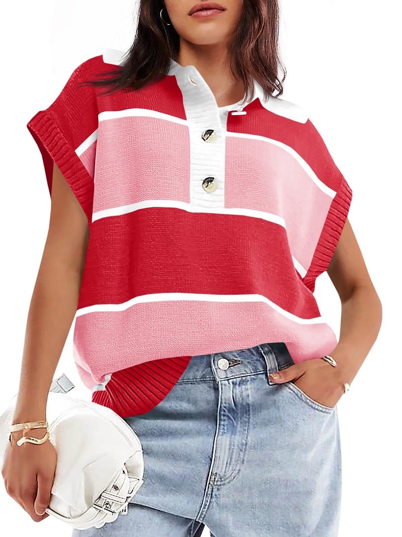 Saodimallsu Womens Striped Short Sleeve Sweater V Neck Polo Collared Top Color Block Knit Pullover Loose Fit 2025 - Image 1