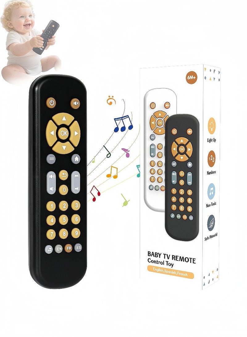Kibee Baby TV Remote Control Toy with Light and Sound, Toddler Realistic Controller with 3 Languages, Early Educational Learning Musical Toys, Preschool Infant Boys Girls 6, 12, 18 Months, Black - Image 1