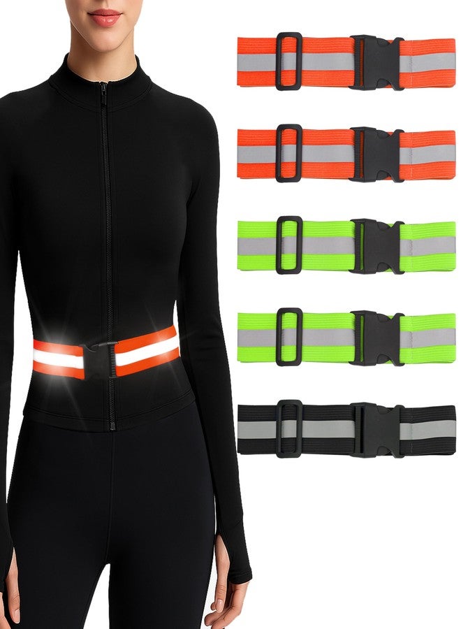 Marsrut 5pcs PT Glow Reflective Belt Running Sash, Lights Vest Waist Straps Reflecting Gear for Walking Cycling At Night Safety Visibility Fit Women Men Kid, Lightweight Adjustable, 1 Black, 2 Orange, 2 Green - Image 1