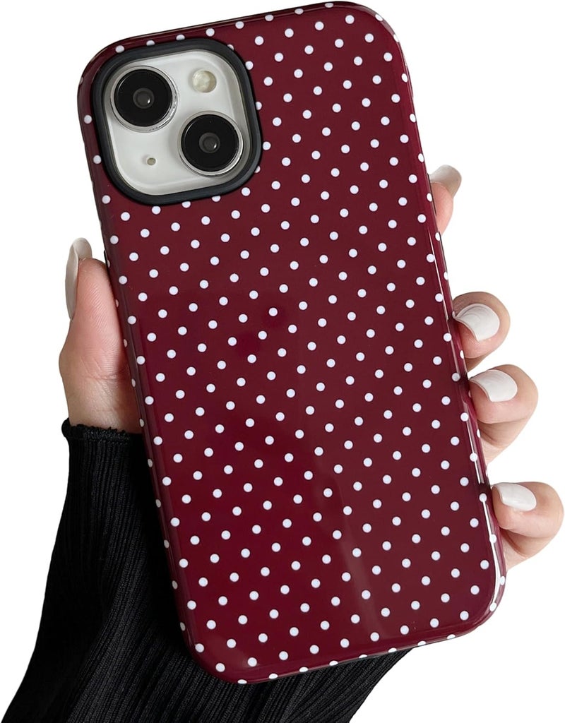 حافظة مغناطيسية من لهاتف iPhone 15، بتصميم نقاط متناثرة جميل، مناسبة للفتيات والنساء، تتوافق مع خاصية Magsafe، غطاء واقي صلب من البلاستيك الخالي من الرصاص (PC) مع طبقة ناعمة من TPU، لهاتف iPhone 15 – اللون الأحمر النبيذي. - Image 1