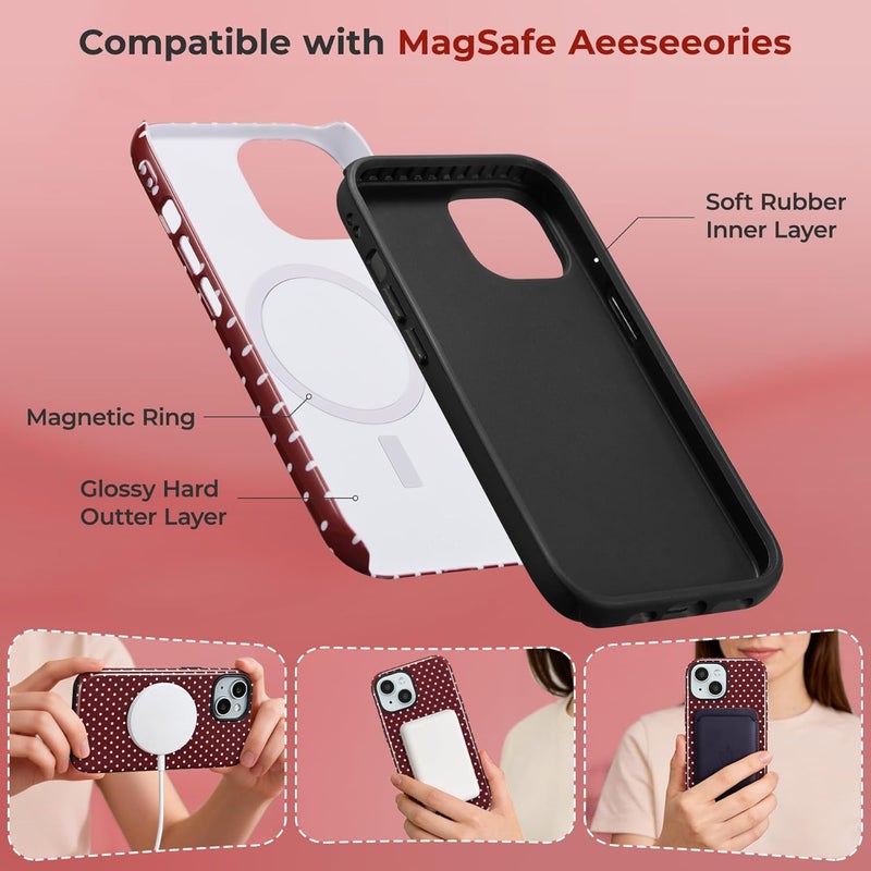 حافظة مغناطيسية من لهاتف iPhone 15، بتصميم نقاط متناثرة جميل، مناسبة للفتيات والنساء، تتوافق مع خاصية Magsafe، غطاء واقي صلب من البلاستيك الخالي من الرصاص (PC) مع طبقة ناعمة من TPU، لهاتف iPhone 15 – اللون الأحمر النبيذي. - Image 3