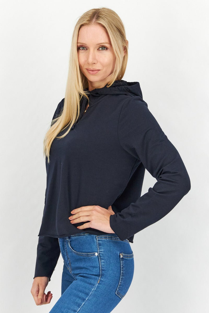 Forever Comfort By NYDJ Women Hoodie Neck Long Sleeves Plain Crop Top, Navy - Image 3