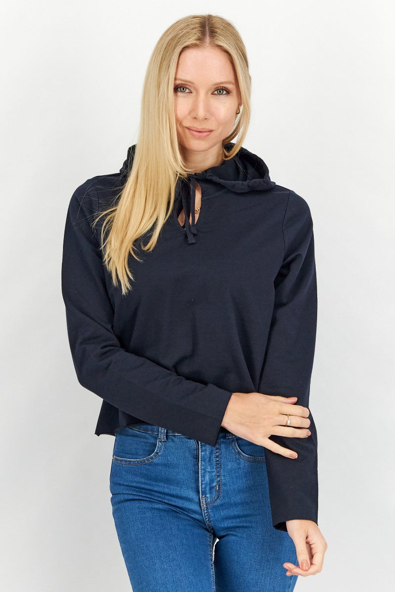 Forever Comfort By NYDJ Women Hoodie Neck Long Sleeves Plain Crop Top, Navy - Image 1