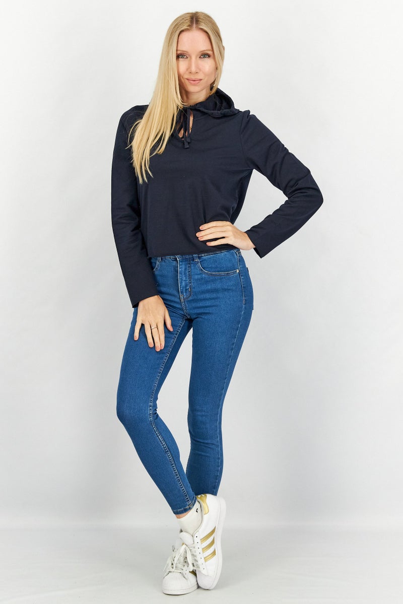 Forever Comfort By NYDJ Women Hoodie Neck Long Sleeves Plain Crop Top, Navy - Image 2