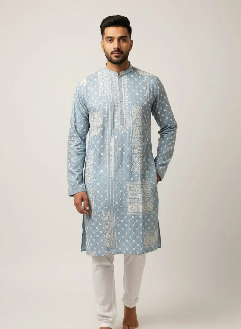 Lehar Men's Sky Blue Ethnic Motif Printed Kurta Set with White Pajama