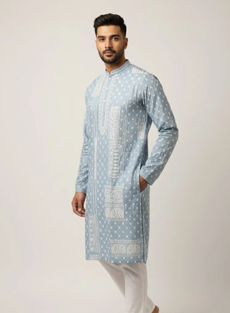 Lehar Men's Sky Blue Ethnic Motif Printed Kurta Set with White Pajama