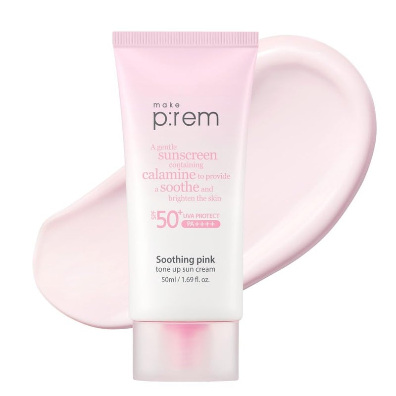 MAKEP:REM MAKE P:REM Soothing Pink Tone Up Sunscreen, Mineral Sun Care for Dehydrated Skin, Lightweight, Non-Greasy Formula, Skin Tone Correction, Korean Sunscreen, SPF 50, 1.69 fl.oz. (50ml) - Image 1
