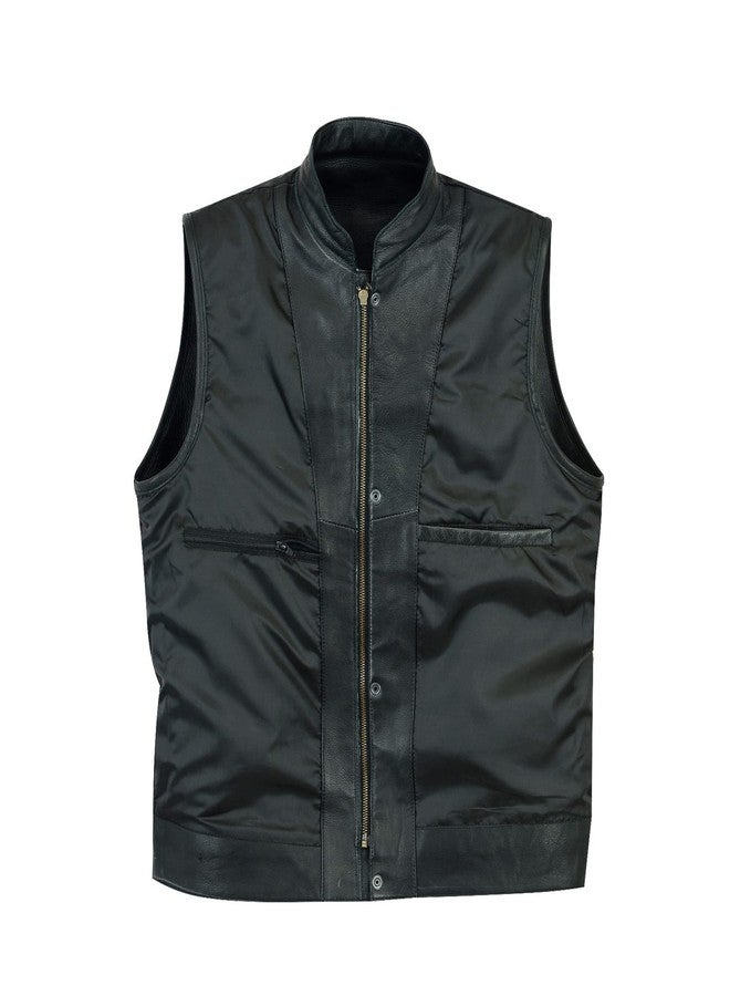 Leatherick Mens SOA Style Black & Brown Distress Leather Biker Motorcycle Vest with Concealed Carry Pockets (S, Black (With Collar)) - Image 4