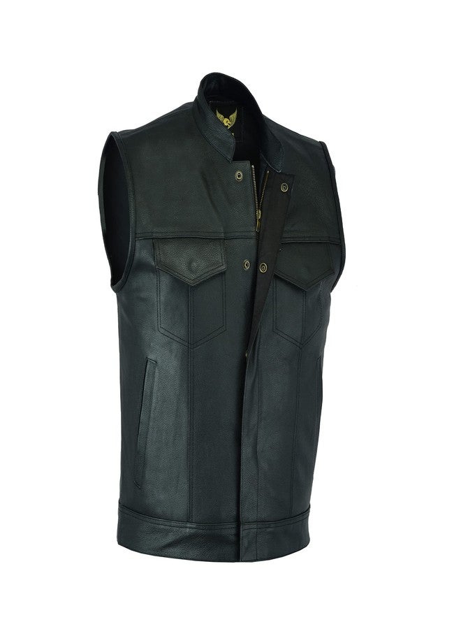 Leatherick Mens SOA Style Black & Brown Distress Leather Biker Motorcycle Vest with Concealed Carry Pockets (S, Black (With Collar)) - Image 1