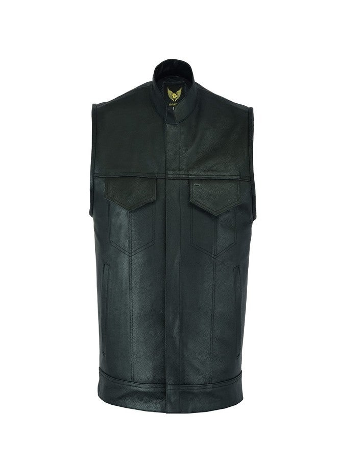 Leatherick Mens SOA Style Black & Brown Distress Leather Biker Motorcycle Vest with Concealed Carry Pockets (S, Black (With Collar)) - Image 2