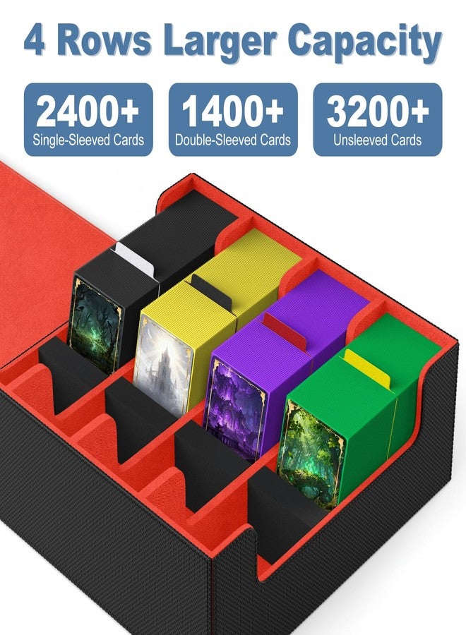 Mlikero Card Deck Case, 2400+ Trading Card Storage Box with 10 Colorful Dividers and 4 Foam Stoppers, Leather Magnetic Closure Commander Deck Box Fit for MTG, TCG (4 Rows, Black&Red) - Image 2