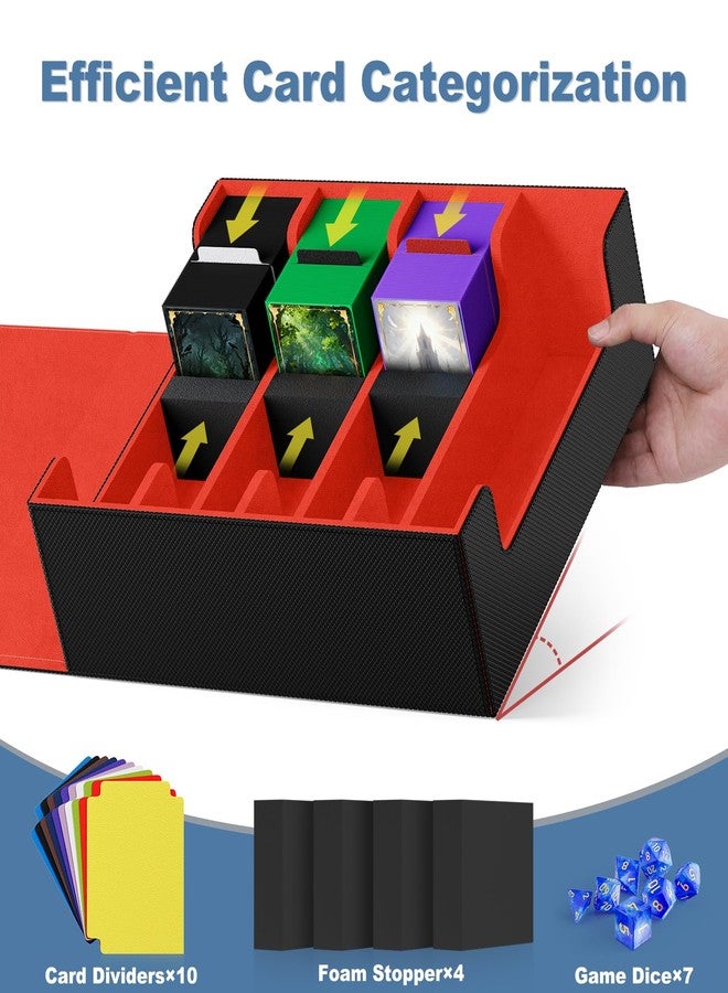 Mlikero Card Deck Case, 2400+ Trading Card Storage Box with 10 Colorful Dividers and 4 Foam Stoppers, Leather Magnetic Closure Commander Deck Box Fit for MTG, TCG (4 Rows, Black&Red) - Image 3