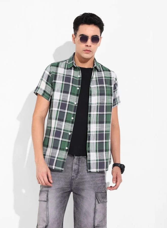 The Indian Garage Co Men Slim Fit Checked Cutaway Collar Half Sleeves Shirt