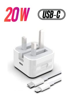 20W Apple Charger UK Plug with 1m USB-C Fast Charging Cable – Universal Travel Adapter Compatible with iPhone 14/13/12/11 Pro & Max, 8 Plus/X Max, and More