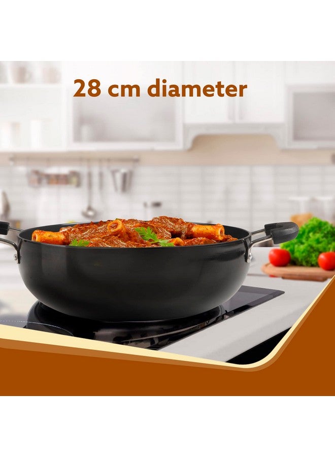 أغارو مقلاة أجارو إيليت المصنوعة من الألمنيوم الصلب مع غطاء زجاجي، سعة 3.85 لتر، قطر 28 سم، متوافقة مع فرن الغاز، مقبض مثبت، طبق بسمك 3 مم، للطهي والقلي والتقديم، لون أسود - Image 2