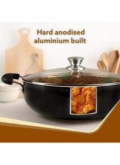 AGARO AGARO Elite Hard Anodised Kadhai with Glass Lid, 3.85L Capacity, 28 cm Diameter, Gas Oven Compatible, Riveted Handle, 3mm Thick Plate, Cooking, Frying, Serving, Black  - Image 3