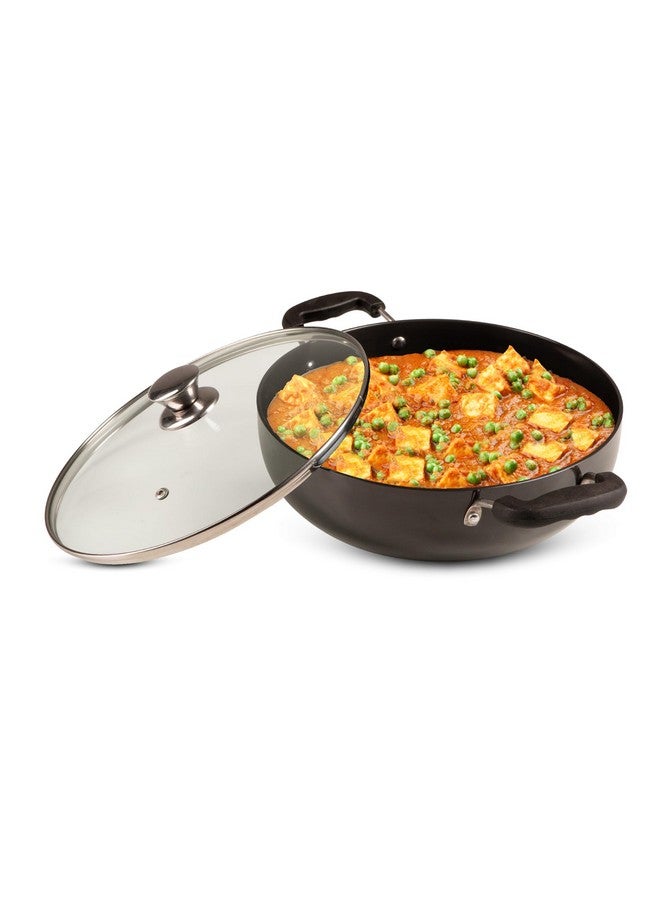 أغارو مقلاة أجارو إيليت المصنوعة من الألمنيوم الصلب مع غطاء زجاجي، سعة 3.85 لتر، قطر 28 سم، متوافقة مع فرن الغاز، مقبض مثبت، طبق بسمك 3 مم، للطهي والقلي والتقديم، لون أسود - Image 1