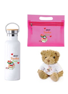 PRINTSHOP4ME Teacher's Day Pack of 3 Combo Pack - Stainless Steel Bamboo Cap Flask Bottle 600ml, Pink Cosmetic Bag and Teddy Bear - Teacher's Day Gift Set - Gift for World Teachers Day  - Image 1