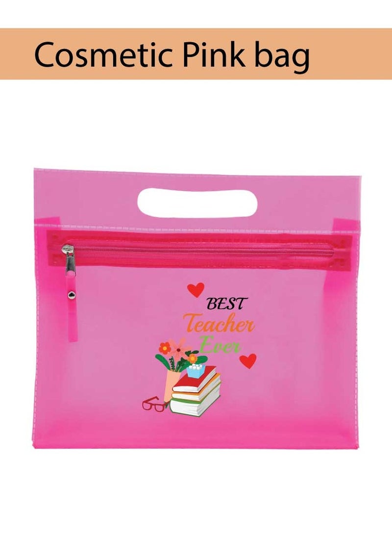 PRINTSHOP4ME Teacher's Day Pack of 3 Combo Pack - Stainless Steel Bamboo Cap Flask Bottle 600ml, Pink Cosmetic Bag and Teddy Bear - Teacher's Day Gift Set - Gift for World Teachers Day - Image 4