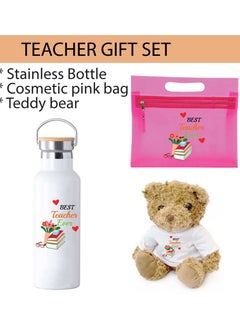 PRINTSHOP4ME Teacher's Day Pack of 3 Combo Pack - Stainless Steel Bamboo Cap Flask Bottle 600ml, Pink Cosmetic Bag and Teddy Bear - Teacher's Day Gift Set - Gift for World Teachers Day  - Image 2