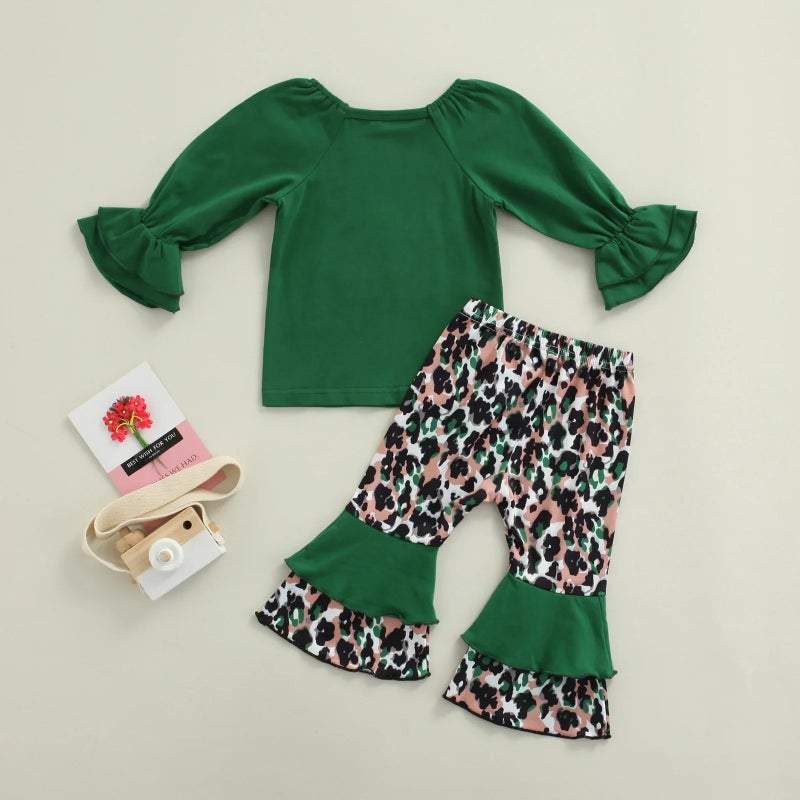 Foreign Trade Children''s Wear Festival Girls'' Four-leaf Clover Long-sleeved Leopard Print Flared Pants Two-piece Set St. Patrick''s Day Set - Image 4