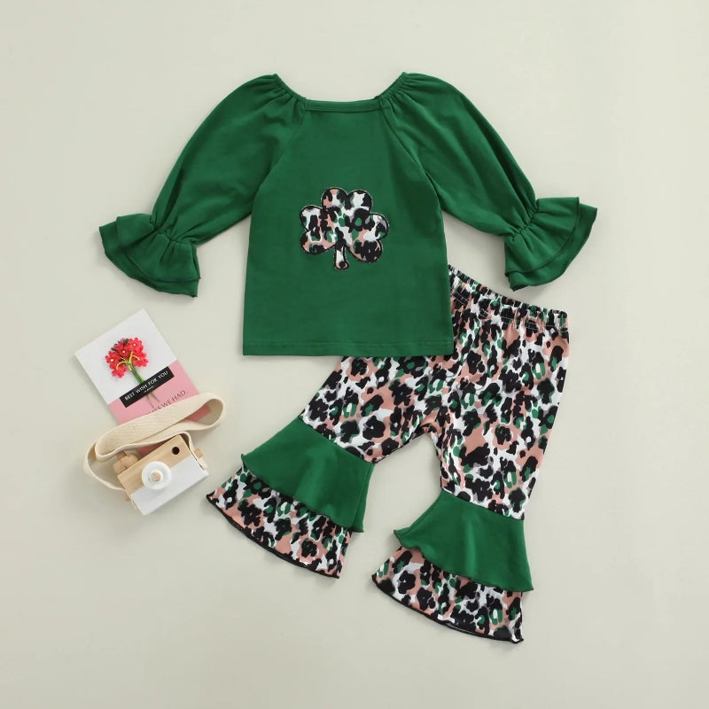 Foreign Trade Children''s Wear Festival Girls'' Four-leaf Clover Long-sleeved Leopard Print Flared Pants Two-piece Set St. Patrick''s Day Set - Image 3