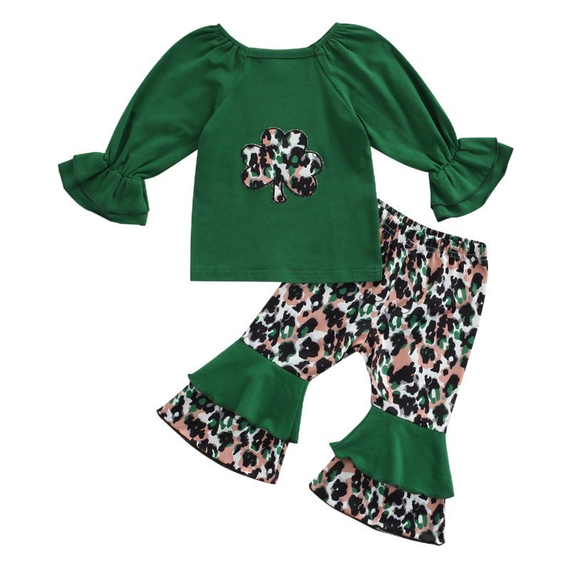 Foreign Trade Children''s Wear Festival Girls'' Four-leaf Clover Long-sleeved Leopard Print Flared Pants Two-piece Set St. Patrick''s Day Set - Image 2
