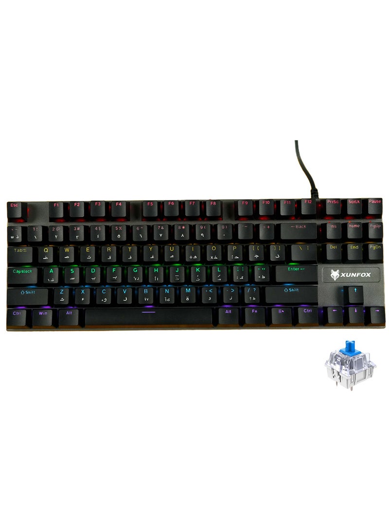 XUNFOX English Arabic Mechanical Gaming Keyboard with RGB Backlit, USB Wired 87 Keys Blue Switch Keyboard for Windows/MacOS/Android PC Gamers Black - Image 1