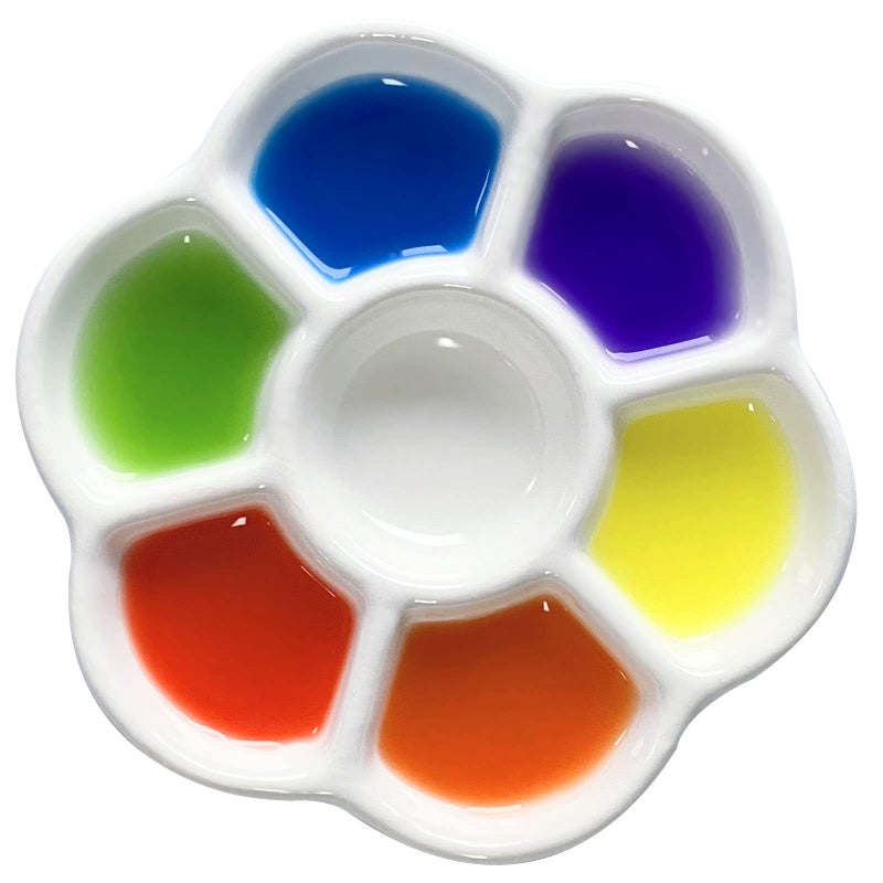 Falling in Art 7-Well Ceramic Paint Palette - 4.5Inch Flower Porcelain Watercolor Palette, White Painting Tray for Watercolor, Gouache and Acrylic Painting - Image 1