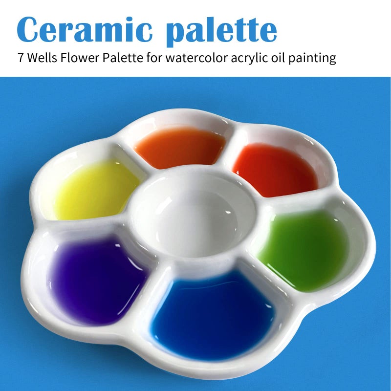 Falling in Art 7-Well Ceramic Paint Palette - 4.5Inch Flower Porcelain Watercolor Palette, White Painting Tray for Watercolor, Gouache and Acrylic Painting - Image 2