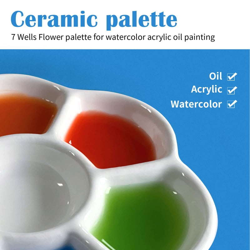 Falling in Art 7-Well Ceramic Paint Palette - 4.5Inch Flower Porcelain Watercolor Palette, White Painting Tray for Watercolor, Gouache and Acrylic Painting - Image 3