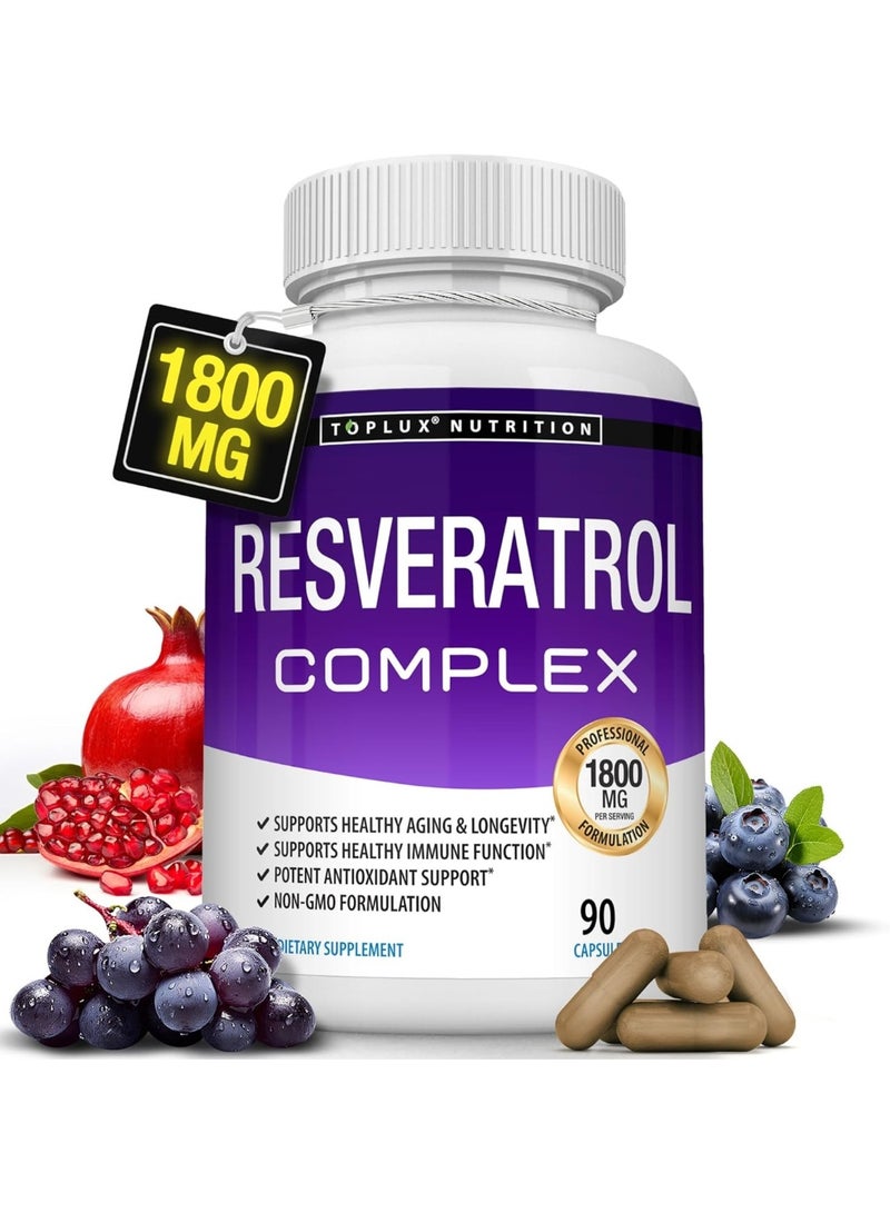 Toplux Resveratrol Supplement 1800mg – High Potency Antioxidant, Anti-Aging & Immune Support, Natural Trans-Resveratrol for Brain Health, Men & Women, 90 Capsules - Image 1