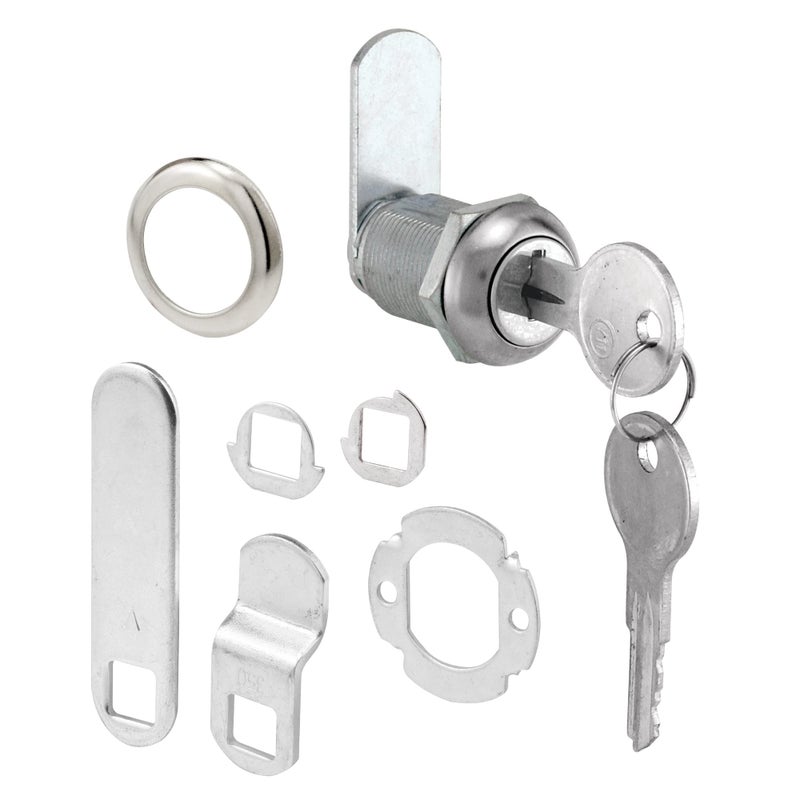 Prime-Line U 9943 Diecast Drawer and Cabinet Lock â€“ 3 Cams, Trim Collar, 2 Washers, 2 Keys and Fasteners â€“ 7/8 In. Length for 9/16 In. Max Panel Thickness, Stainless Steel (1 Set) - Image 1