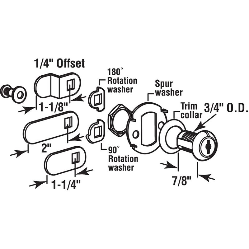 Prime-Line U 9943 Diecast Drawer and Cabinet Lock â€“ 3 Cams, Trim Collar, 2 Washers, 2 Keys and Fasteners â€“ 7/8 In. Length for 9/16 In. Max Panel Thickness, Stainless Steel (1 Set) - Image 2