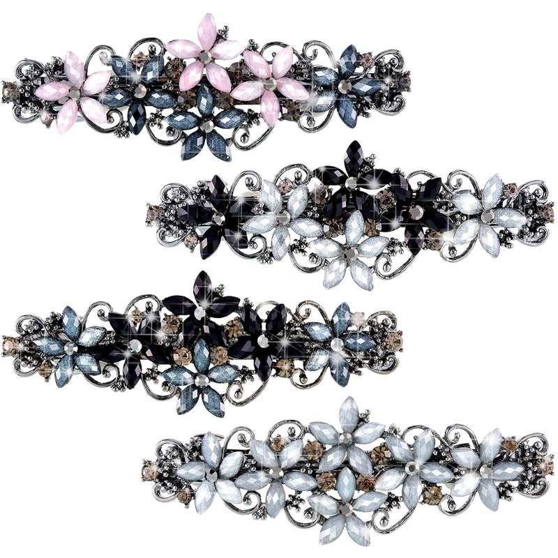 Janinka 4 Pcs Barrettes for Women Ladies Rhinestones Hair Accessories Crystal Barrette Spring French Hair Clips for Women Wedding Hair Styling Tools