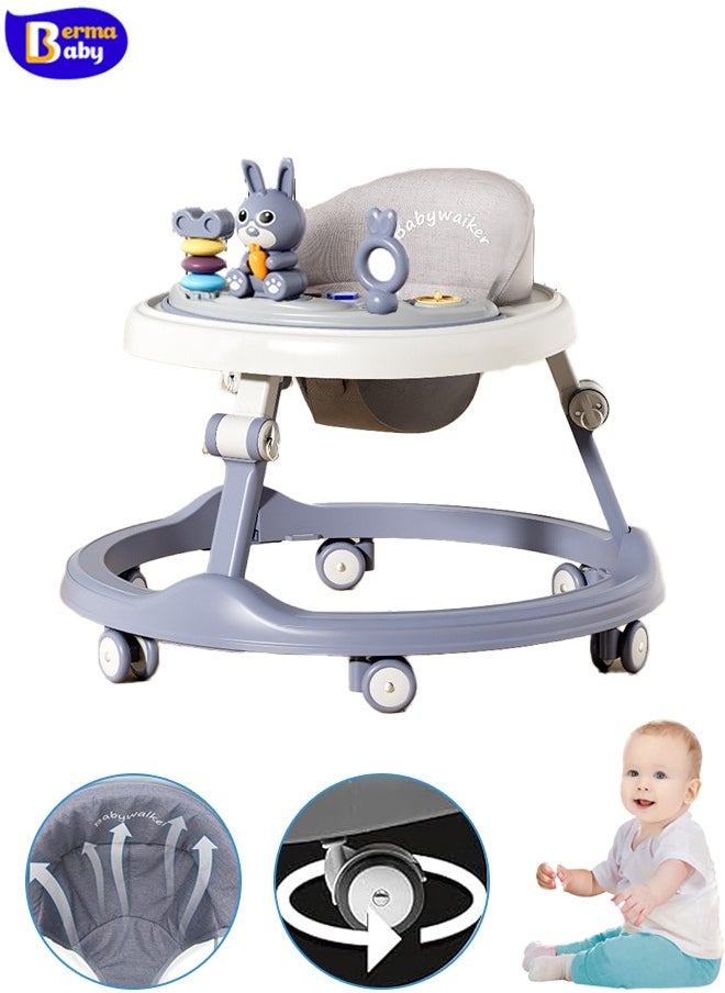 Berma Baby Baby Walker ，Foldable Wheeled Adjustable Height Walker for Infant Baby Toddler Walker with Foot Pads, Anti-Fall Baby Walker and Activity Center for 7-18 Months Boys Girls (Blue)  - Image 1