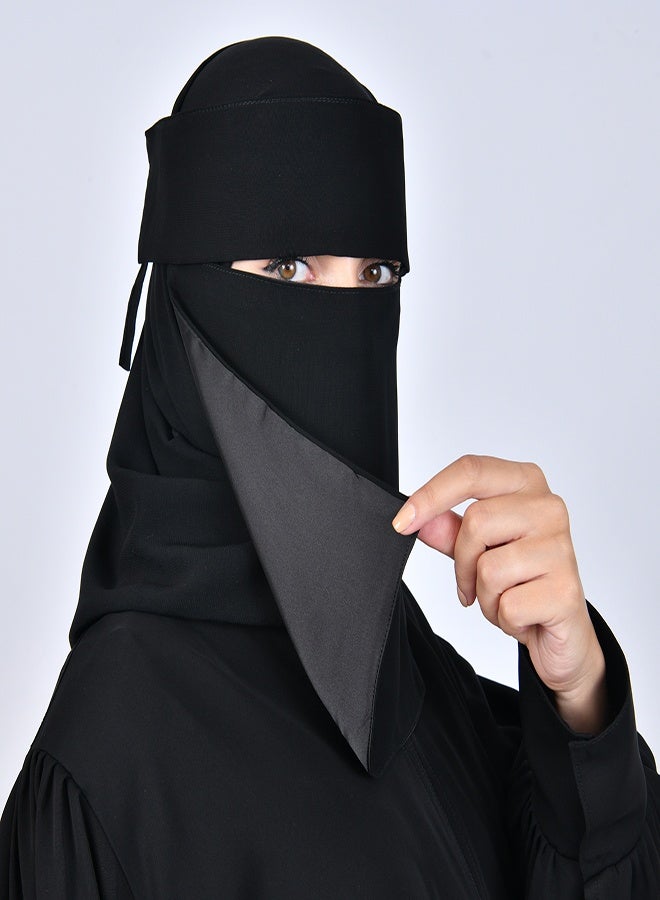 عبايات حوراء نقاب شمسي متوسط الطول ببطانه حرير و رباط اغلاق - Image 1