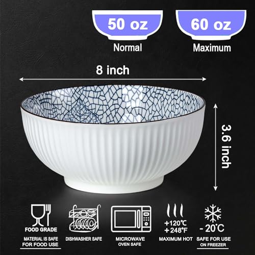 Hesen 60 oz Large Soup Bowl, Pho Bowls, Japanese Ramen Bowl Set, Big Porcelain Bowls Set of 3, 8 inches, Leaf Pattern - Image 2