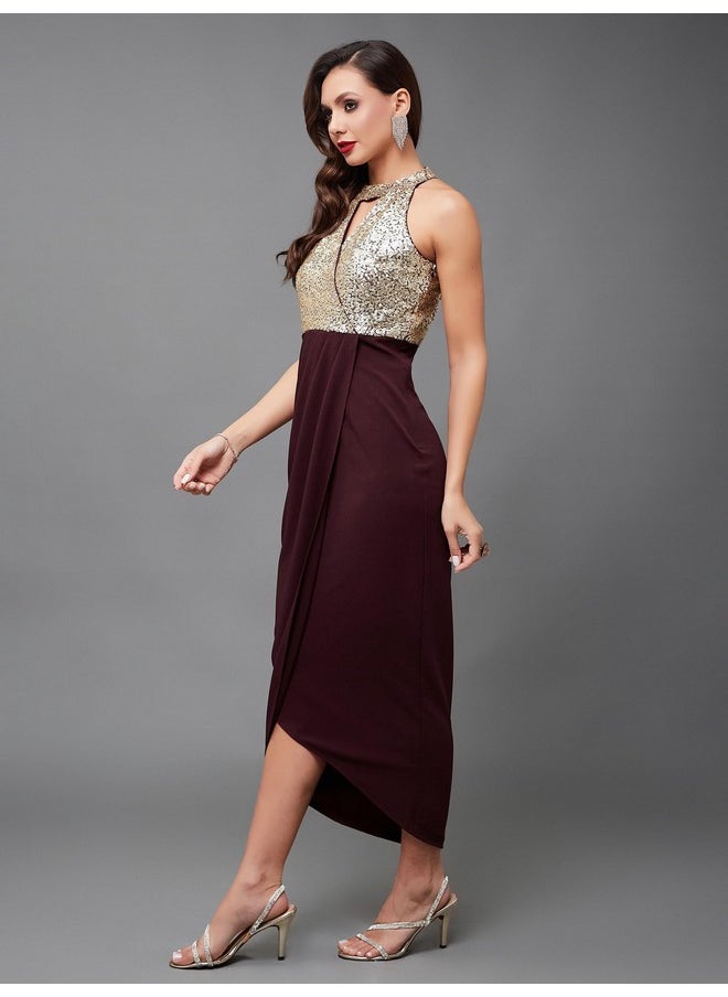 Miss Chase - Miss Chase Women's Halter Neck Sleeveless Solid Embellished Midi Dress with Pocket (MCSS24D97-16-184-05, Wine, L) - Image 1